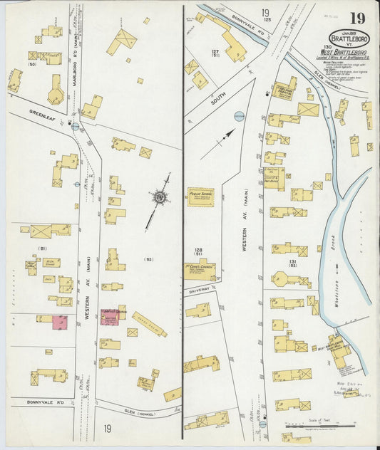 Sanborn Fire Insurance Map from Brattleboro, Windham County, Vermont (1919), Sheet #0019 - Historic Sanborn Fire Insurance Map Print, vintage old map wall art, antique decor, genealogy gift, Vermont Vermont map