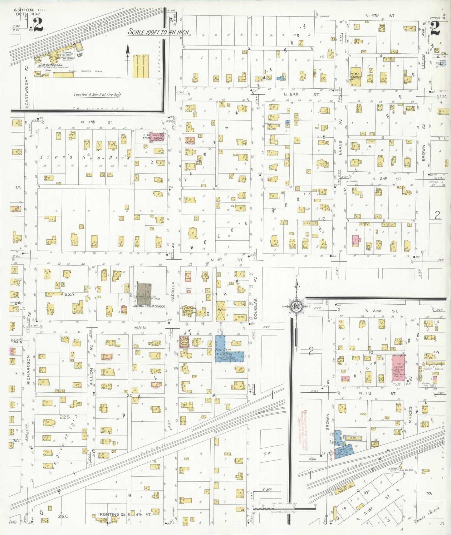 Sanborn Fire Insurance Map from Ashton, Lee County, Illinois (1932), Sheet #0002 - Complete Map Set gallery image, historic Sanborn map, vintage wall art, Illinois Illinois