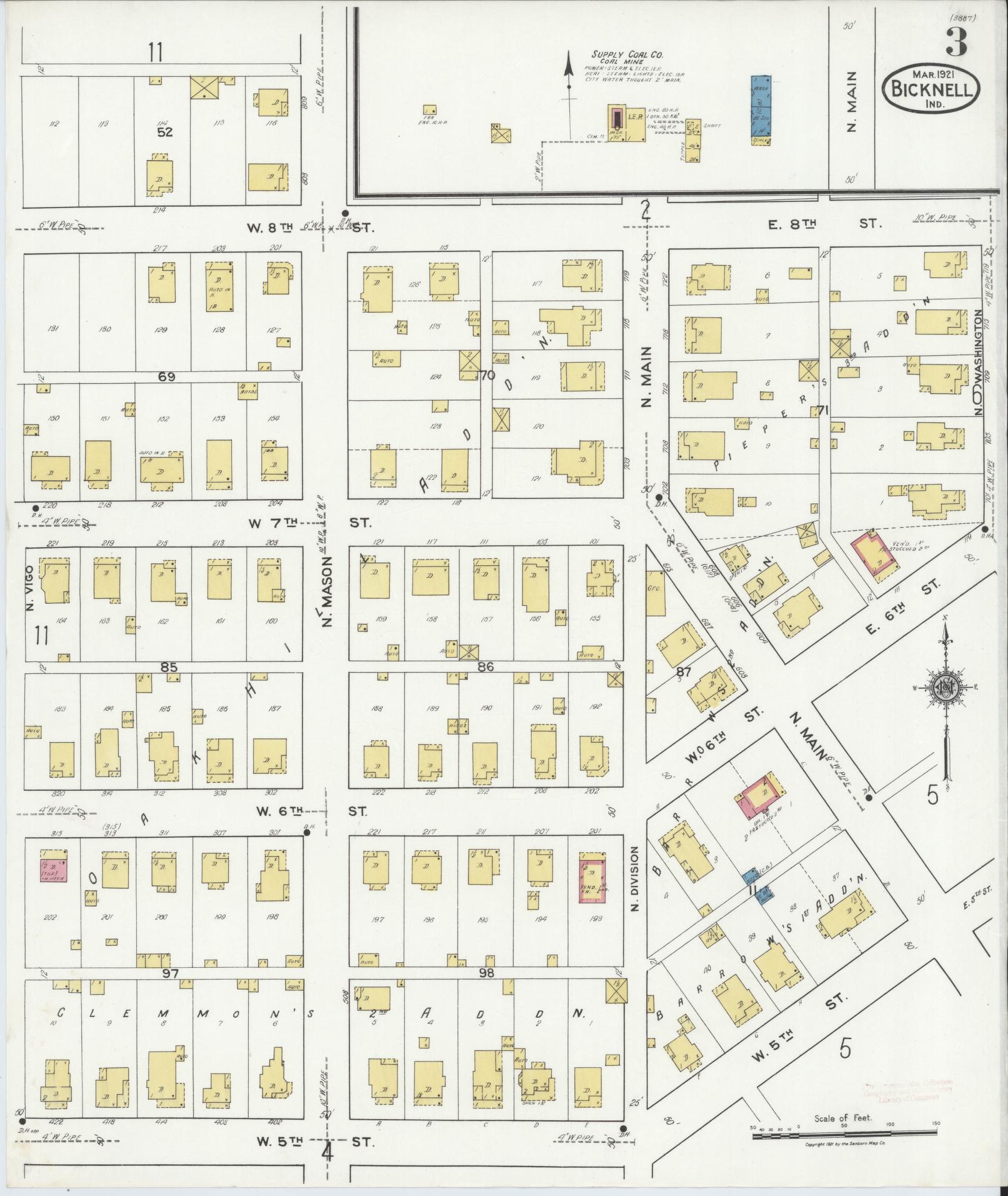 Sanborn Fire Insurance Map from Bicknell, Knox County, Indiana (1921), Sheet #0003 - Complete Map Set gallery image, historic Sanborn map, vintage wall art, Indiana Indiana