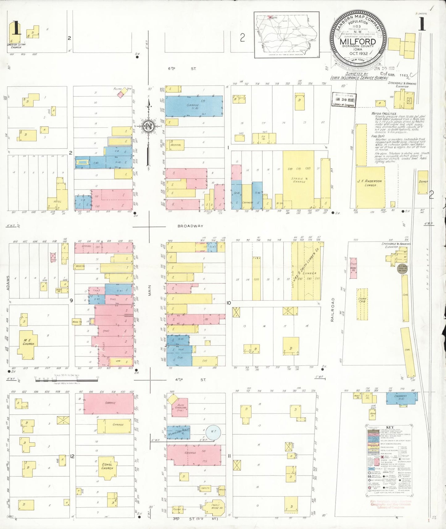 Sanborn Fire Insurance Map from Milford, Dickinson County, Iowa (1932), Sheet #0001 - Historic Sanborn Fire Insurance Map Print