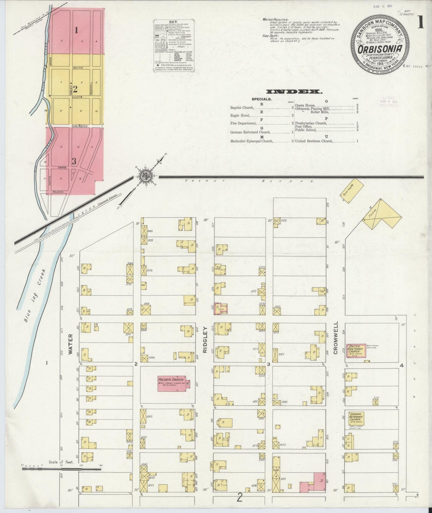 Sanborn Fire Insurance Map from Orbisonia, Huntingdon County, Pennsylvania (1911), Sheet #0001 - Complete Map Set gallery image, historic Sanborn map, vintage wall art, Pennsylvania Pennsylvania