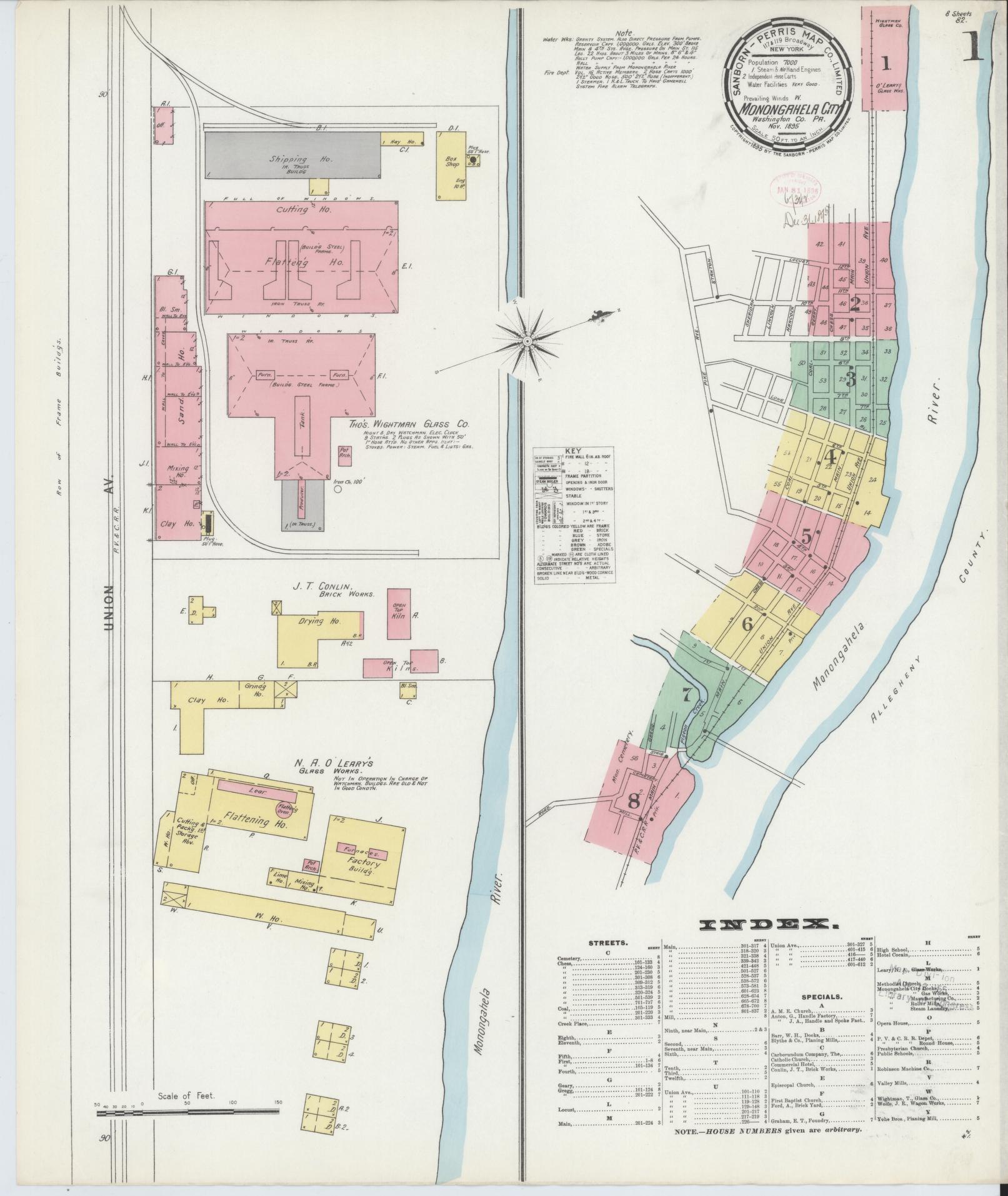 Sanborn Fire Insurance Map from Monongahela City, Washington County, Pennsylvania (1895), Sheet #0001 - Complete Map Set gallery image, historic Sanborn map, vintage wall art, Pennsylvania Pennsylvania