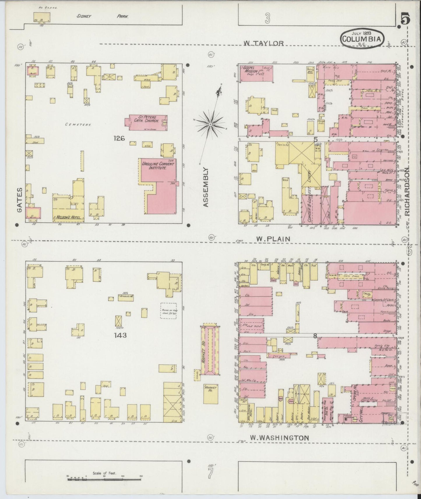Sanborn Fire Insurance Map from Columbia, Richland County, South Carolina (1893), Sheet #0005 - Historic Sanborn Fire Insurance Map Print, vintage old map wall art, antique decor, genealogy gift, South Carolina South Carolina map