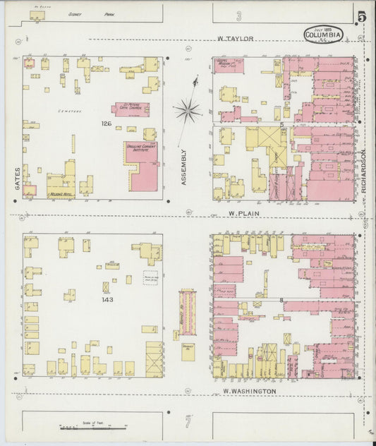 Sanborn Fire Insurance Map from Columbia, Richland County, South Carolina (1893), Sheet #0005 - Historic Sanborn Fire Insurance Map Print, vintage old map wall art, antique decor, genealogy gift, South Carolina South Carolina map