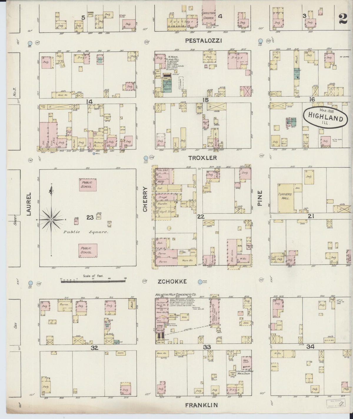 Sanborn Fire Insurance Map from Highland, Madison County, Illinois (1888), Sheet #0002 - Complete Map Set gallery image, historic Sanborn map, vintage wall art, Illinois Illinois