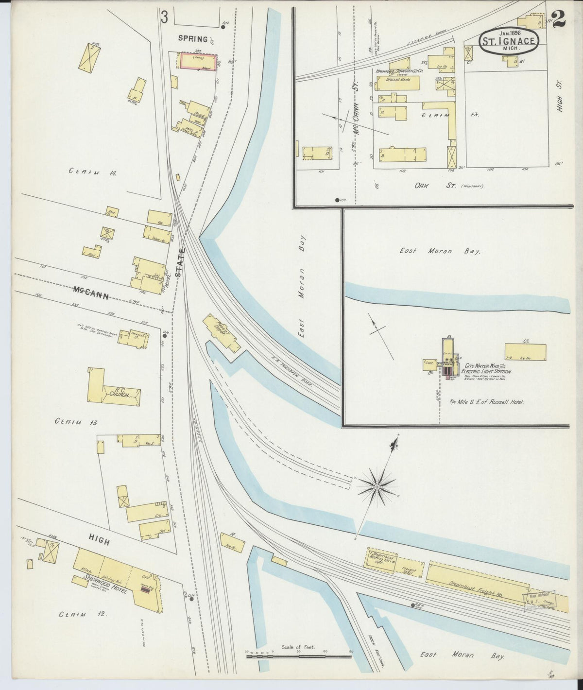 Sanborn Fire Insurance Map from Saint Ignace, Mackinac County, Michigan (1896), Sheet #0002 - Historic Sanborn Fire Insurance Map Print, vintage old map wall art, antique decor, genealogy gift, Michigan Michigan map