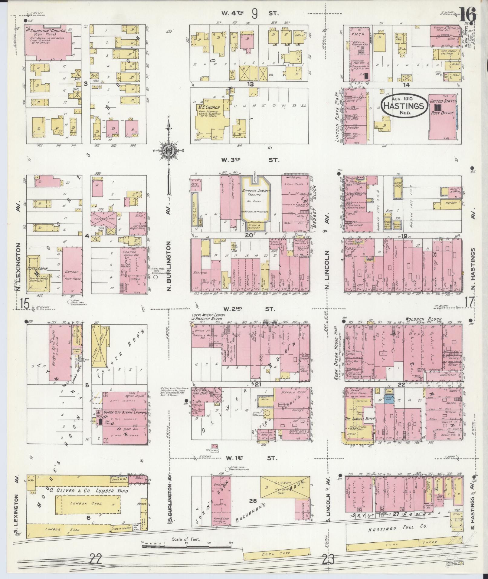 Sanborn Fire Insurance Map from Hastings, Adams County, Nebraska (1910), Sheet #0016 - Historic Sanborn Fire Insurance Map Print, vintage old map wall art, antique decor, genealogy gift, Nebraska Nebraska map