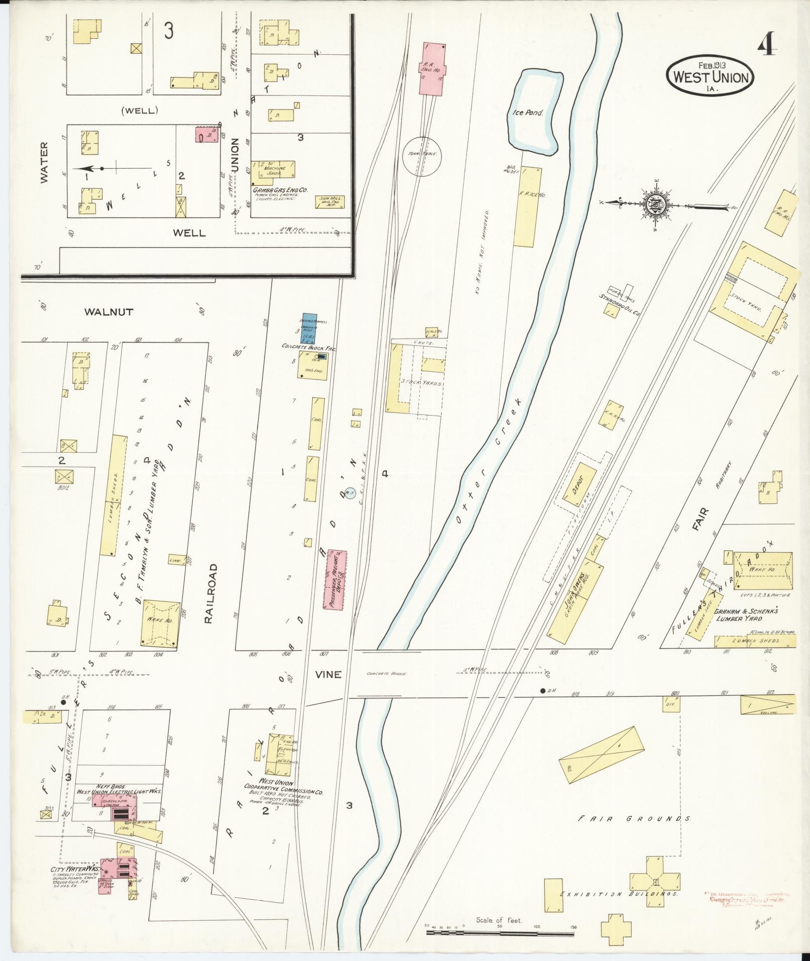 Sanborn Fire Insurance Map from West Union, Fayette County, Iowa (1913), Sheet #0004 - Historic Sanborn Fire Insurance Map Print, vintage old map wall art