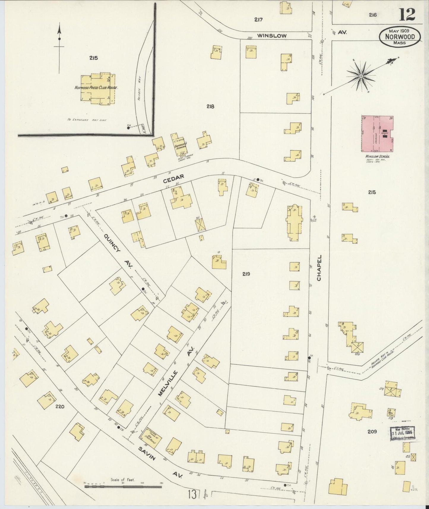 Sanborn Fire Insurance Map from Norwood, Norfolk County, Massachusetts (1909), Sheet #0012 - Historic Sanborn Fire Insurance Map Print, vintage old map wall art, antique decor, genealogy gift, Massachusetts Massachusetts map