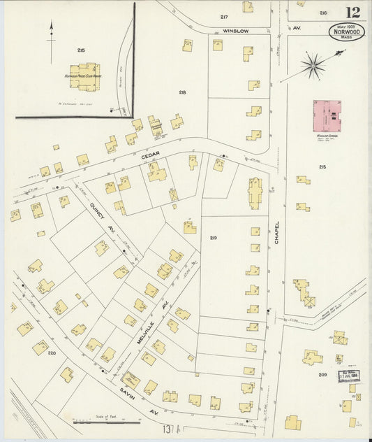 Sanborn Fire Insurance Map from Norwood, Norfolk County, Massachusetts (1909), Sheet #0012 - Historic Sanborn Fire Insurance Map Print, vintage old map wall art, antique decor, genealogy gift, Massachusetts Massachusetts map