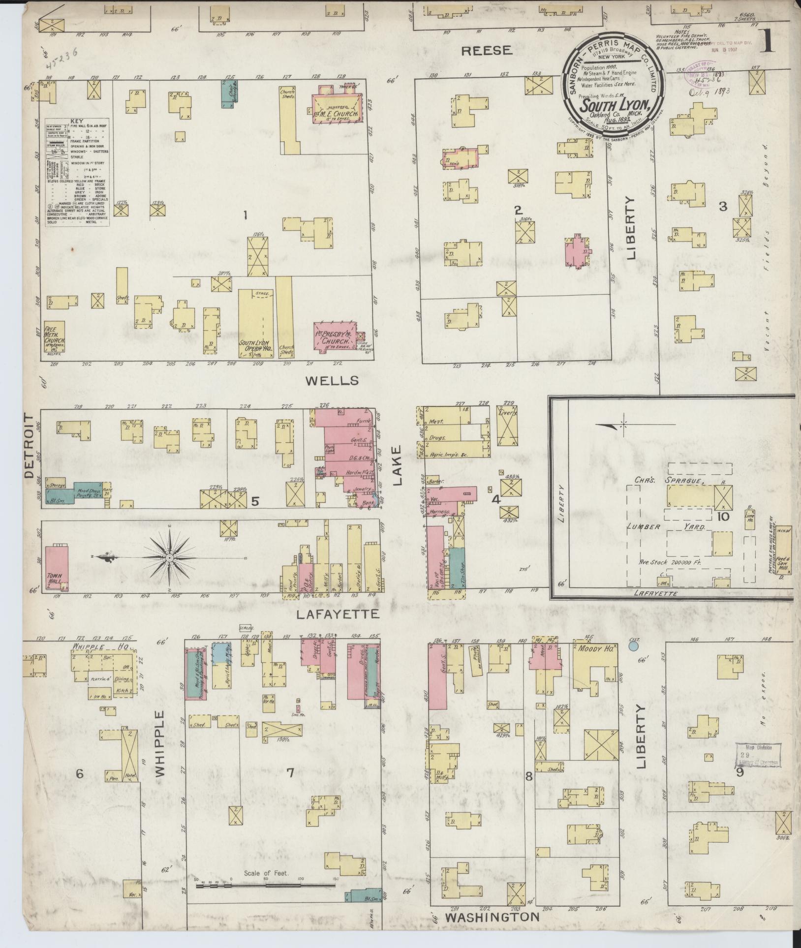 Sanborn Fire Insurance Map from South Lyon, Oakland County, Michigan (1893), Sheet #0001 - Complete Map Set gallery image, historic Sanborn map, vintage wall art, Michigan Michigan