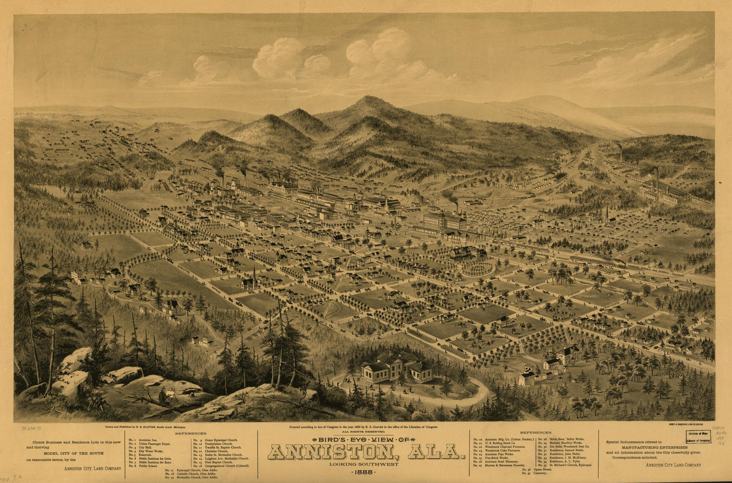 Bird's eye view of Anniston, Ala. 1888. (1888) – Historic Bird’s-Eye View Panorama Print