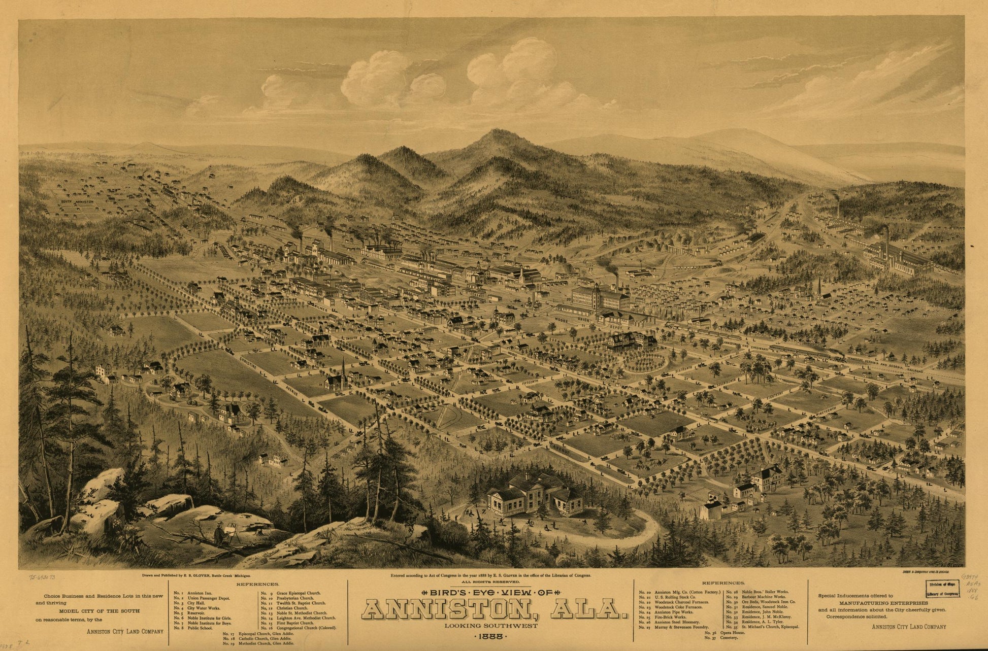 Bird's eye view of Anniston, Ala. 1888. (1888) – Historic Bird’s-Eye View Panorama Print