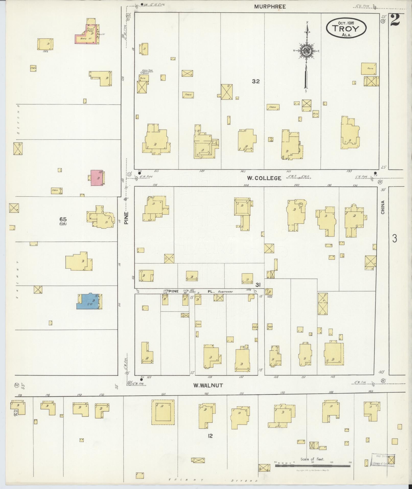Sanborn Fire Insurance Map from Troy, Pike County, Alabama (1916), Sheet #0002 - Complete Map Set gallery image, historic Sanborn map, vintage wall art, Alabama Alabama