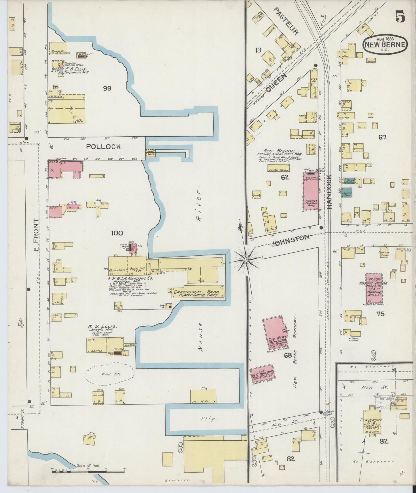 Sanborn Fire Insurance Map from New Bern, Craven County, North Carolina (1893), Sheet #0005 - Historic Sanborn Fire Insurance Map Print, vintage old map wall art, antique decor, genealogy gift, North Carolina North Carolina map