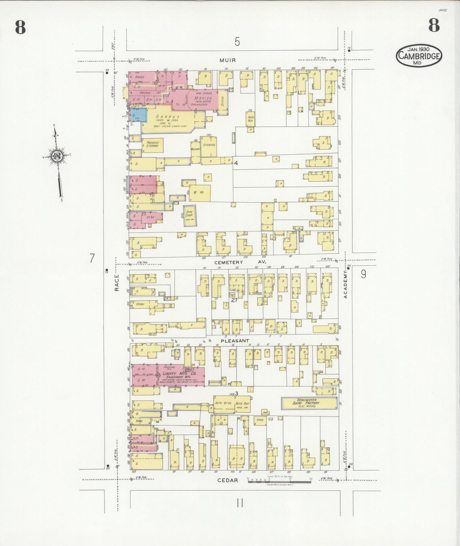 Dorchester, Maryland - 1930 - Sanborn Fire Insurance Map, Sheet #0008 - Historic Sanborn Fire Insurance Map Print, Dorchester Maryland 1930 0008 vintage old map wall art