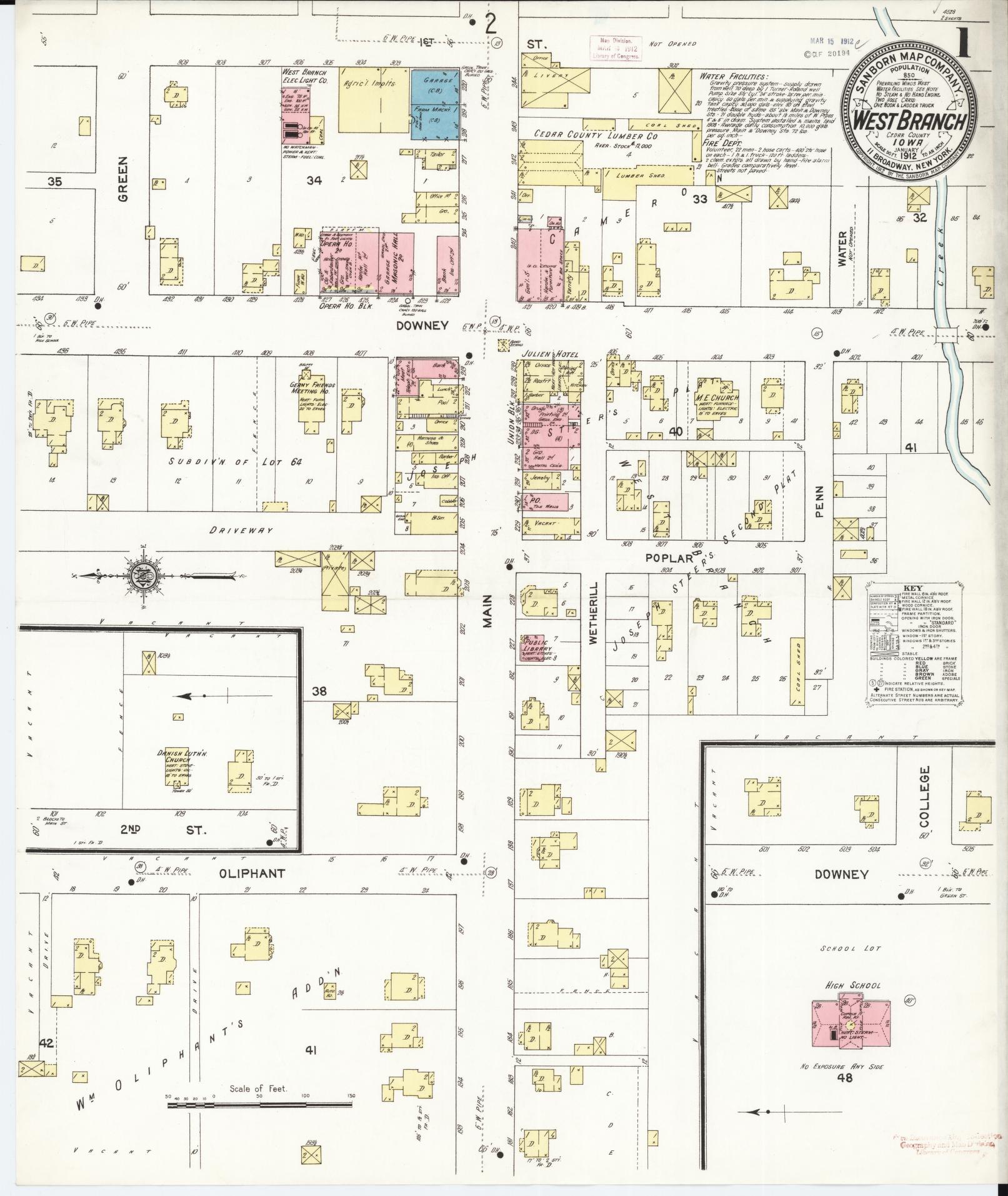 Sanborn Fire Insurance Map from West Branch, Cedar County, Iowa (1912), Sheet #0001 - Historic Sanborn Fire Insurance Map Print