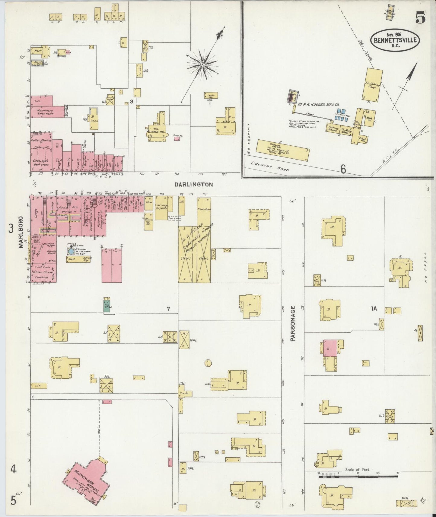 Sanborn Fire Insurance Map from Bennettsville, Marlboro County, South Carolina (1906), Sheet #0005 - Complete Map Set gallery image, historic Sanborn map, vintage wall art, South Carolina South Carolina