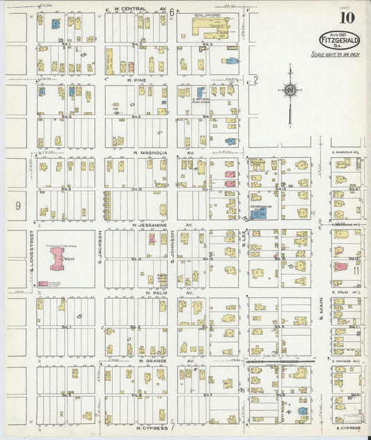 Sanborn Fire Insurance Map from Fitzgerald, Ben Hill County, Georgia (1921), Sheet #0010 - Historic Sanborn Fire Insurance Map Print, vintage old map wall art, antique decor, genealogy gift, Georgia Georgia map