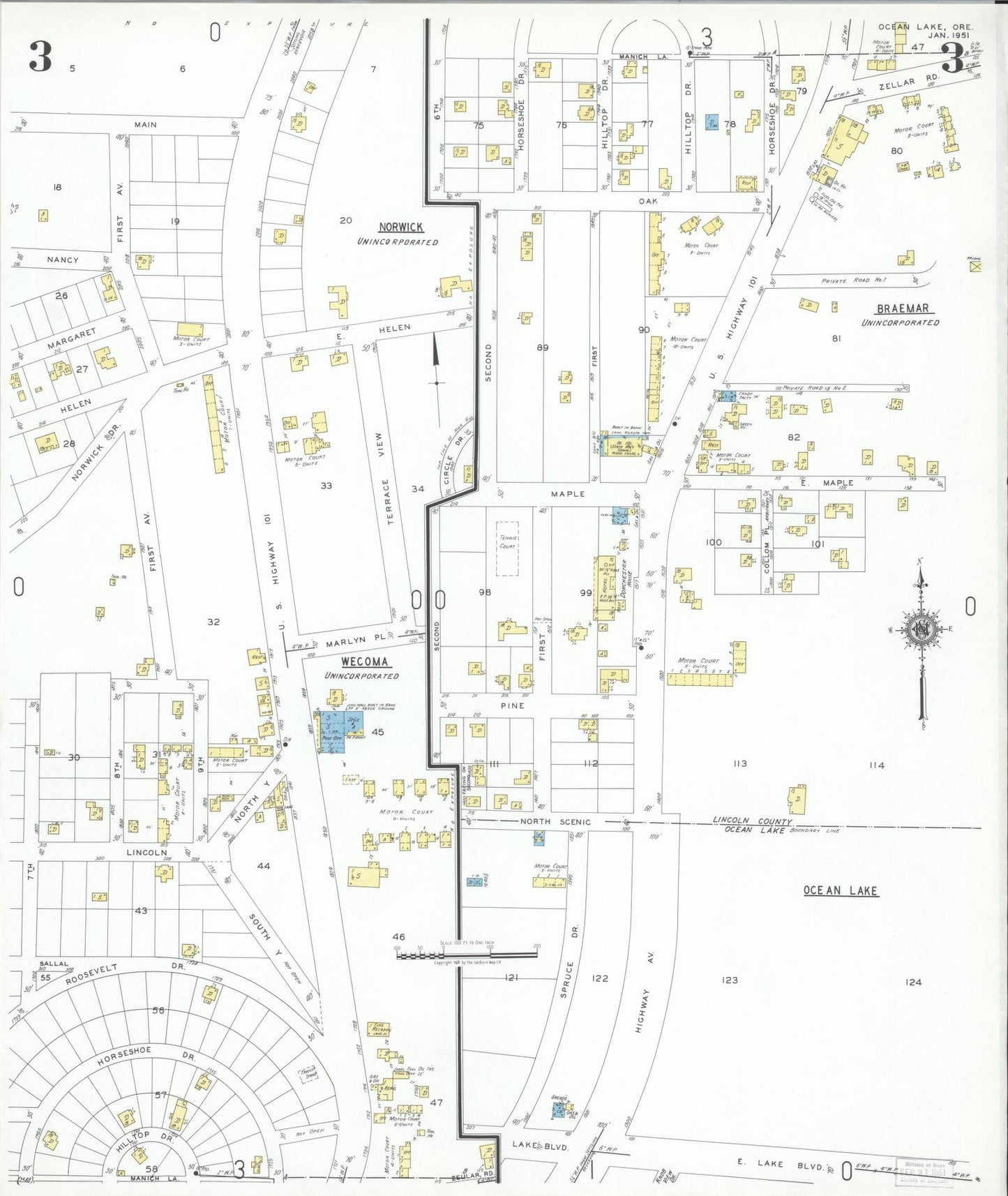 Sanborn Fire Insurance Map from Ocean Lake, Lincoln County, Oregon (1951), Sheet #0003 - Complete Map Set gallery image, historic Sanborn map, vintage wall art, Oregon Oregon