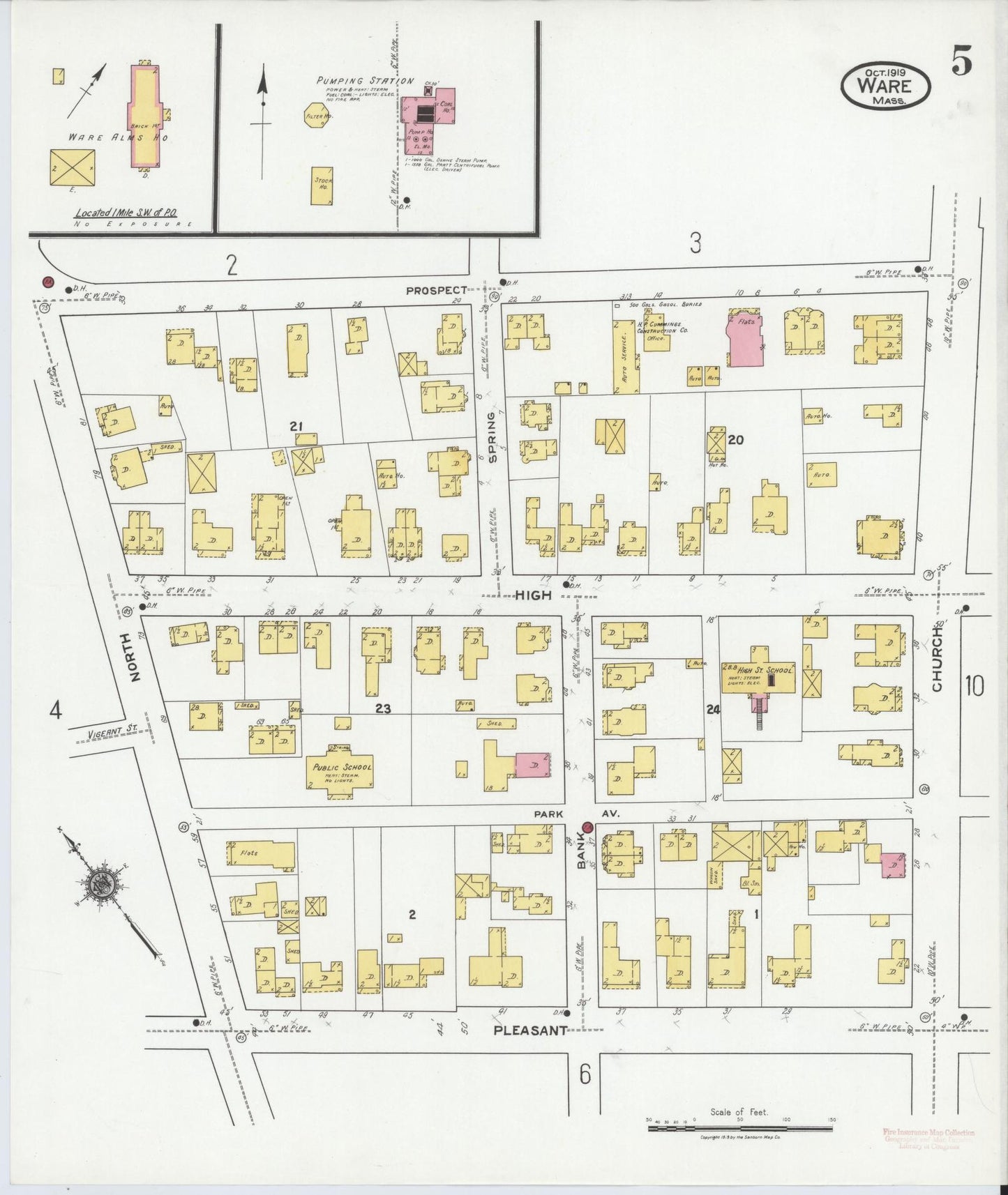 Sanborn Fire Insurance Map from Ware, Hampshire County, Massachusetts (1919), Sheet #0005 - Complete Map Set gallery image, historic Sanborn map, vintage wall art, Massachusetts Massachusetts