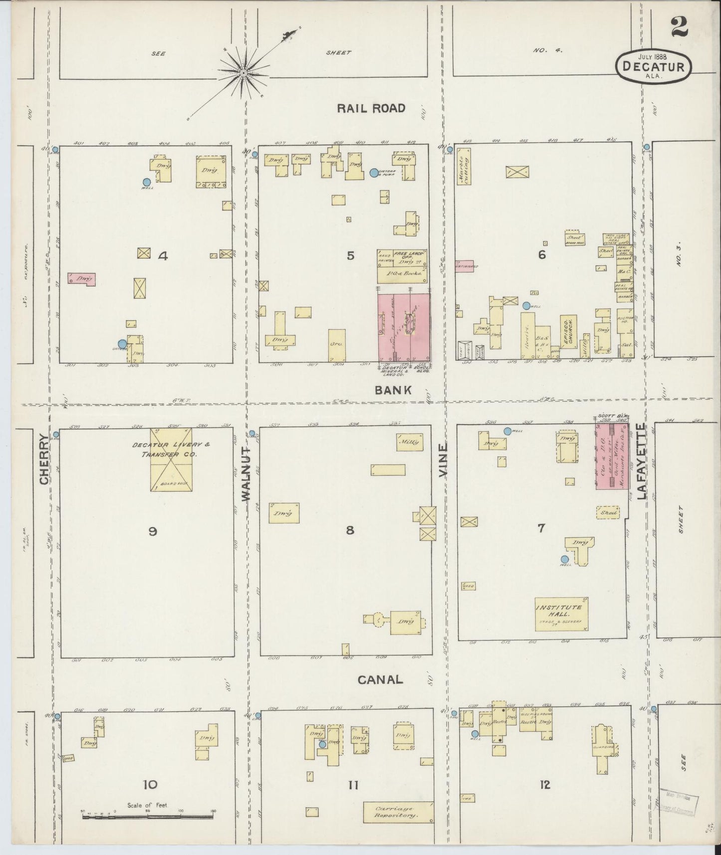 Sanborn Fire Insurance Map from Decatur, Morgan County, Alabama (1888), Sheet #0002 - Historic Sanborn Fire Insurance Map Print, vintage old map wall art, antique decor, genealogy gift, Alabama Alabama map