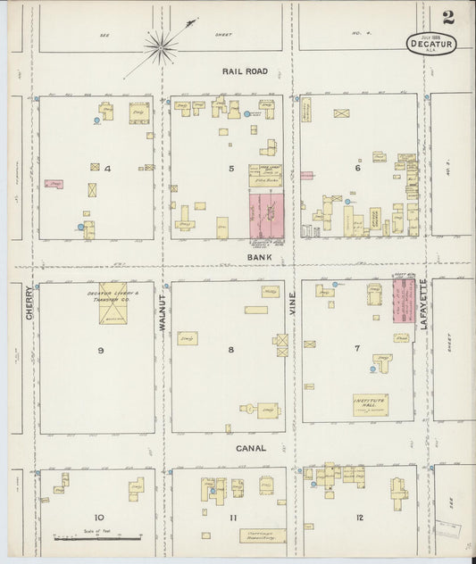 Sanborn Fire Insurance Map from Decatur, Morgan County, Alabama (1888), Sheet #0002 - Historic Sanborn Fire Insurance Map Print, vintage old map wall art, antique decor, genealogy gift, Alabama Alabama map