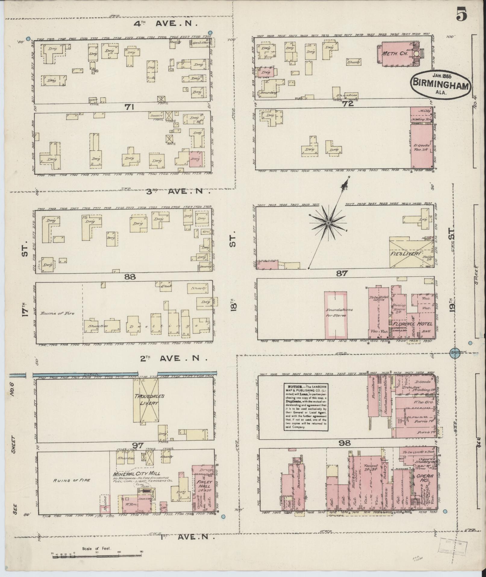 Sanborn Fire Insurance Map from Birmingham, Jefferson County, Alabama (1885), Sheet #0005 - Historic Sanborn Fire Insurance Map Print, vintage old map wall art, antique decor, genealogy gift, Alabama Alabama map