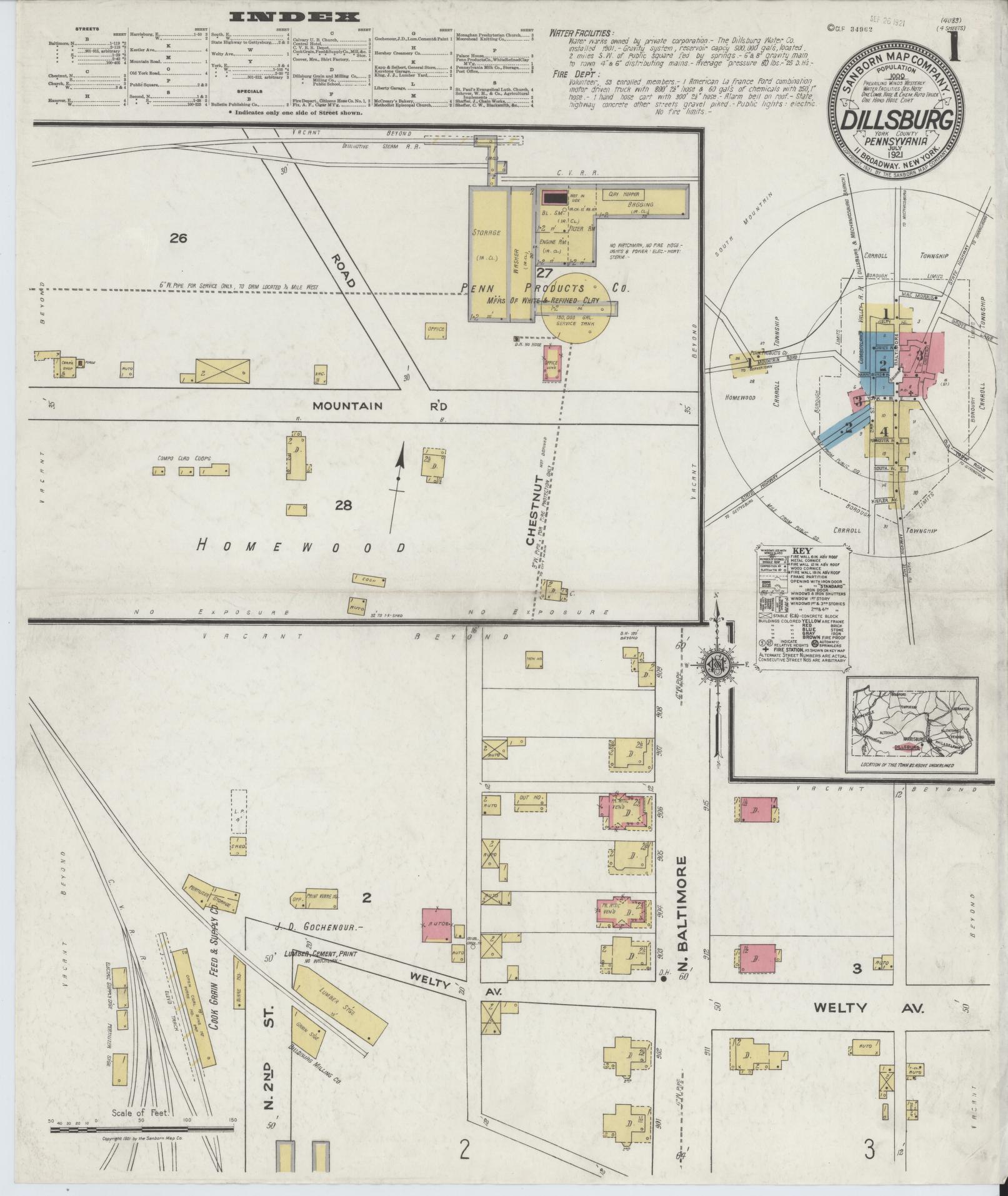 Sanborn Fire Insurance Map from Dillsburg, York County, Pennsylvania (1921), Sheet #0001 - Historic Sanborn Fire Insurance Map Print, vintage old map wall art, antique decor, genealogy gift, Pennsylvania Pennsylvania map