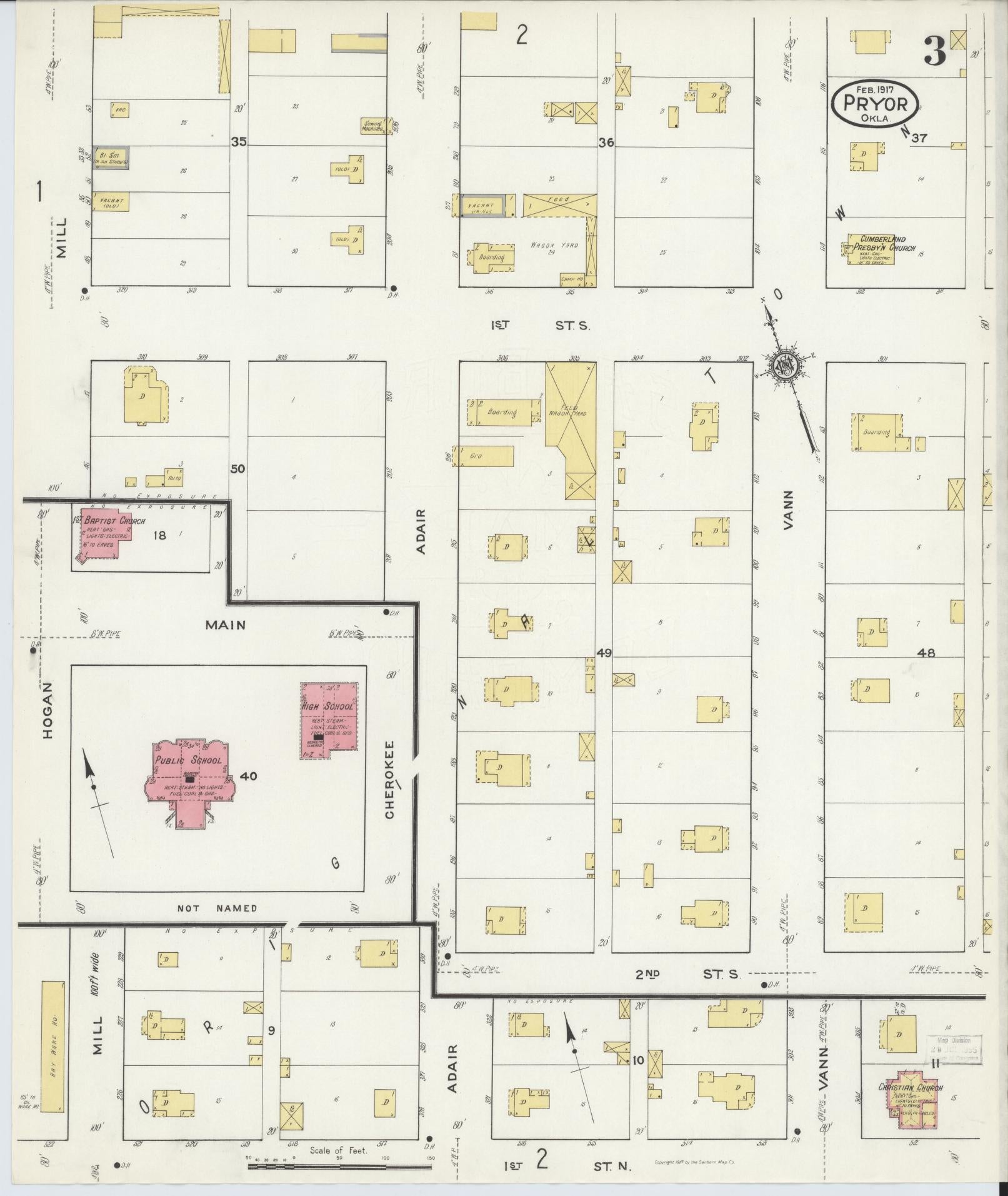 Sanborn Fire Insurance Map from Pryor Creek, Mayes County, Oklahoma (1917), Sheet #0003 - Historic Sanborn Fire Insurance Map Print, vintage old map wall art, antique decor, genealogy gift, Oklahoma Oklahoma map