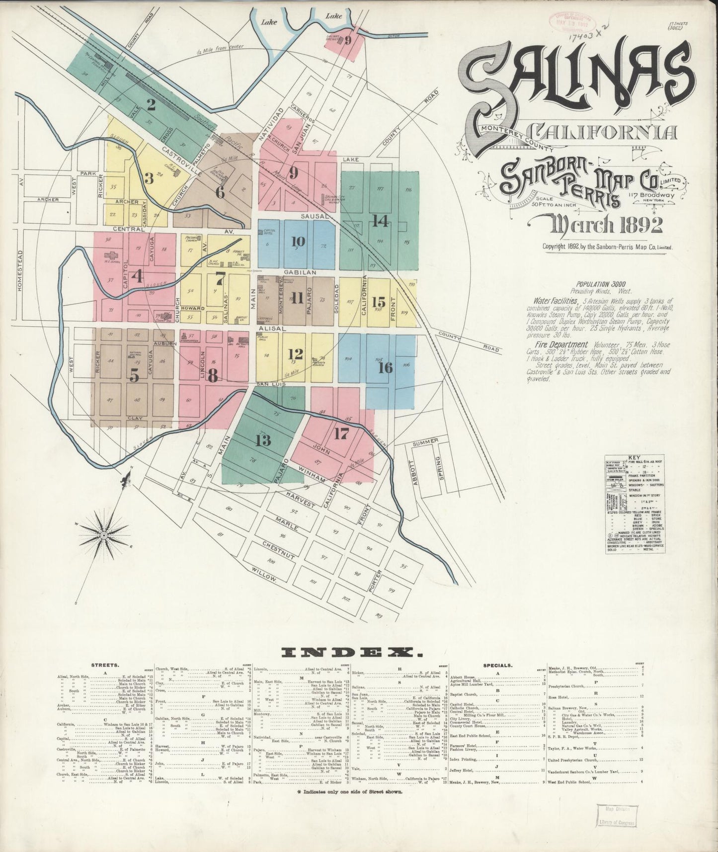 Sanborn Fire Insurance Map from Salinas, Monterey County, California (1892), Sheet #0001 - Complete Map Set gallery image, historic Sanborn map, vintage wall art, California California