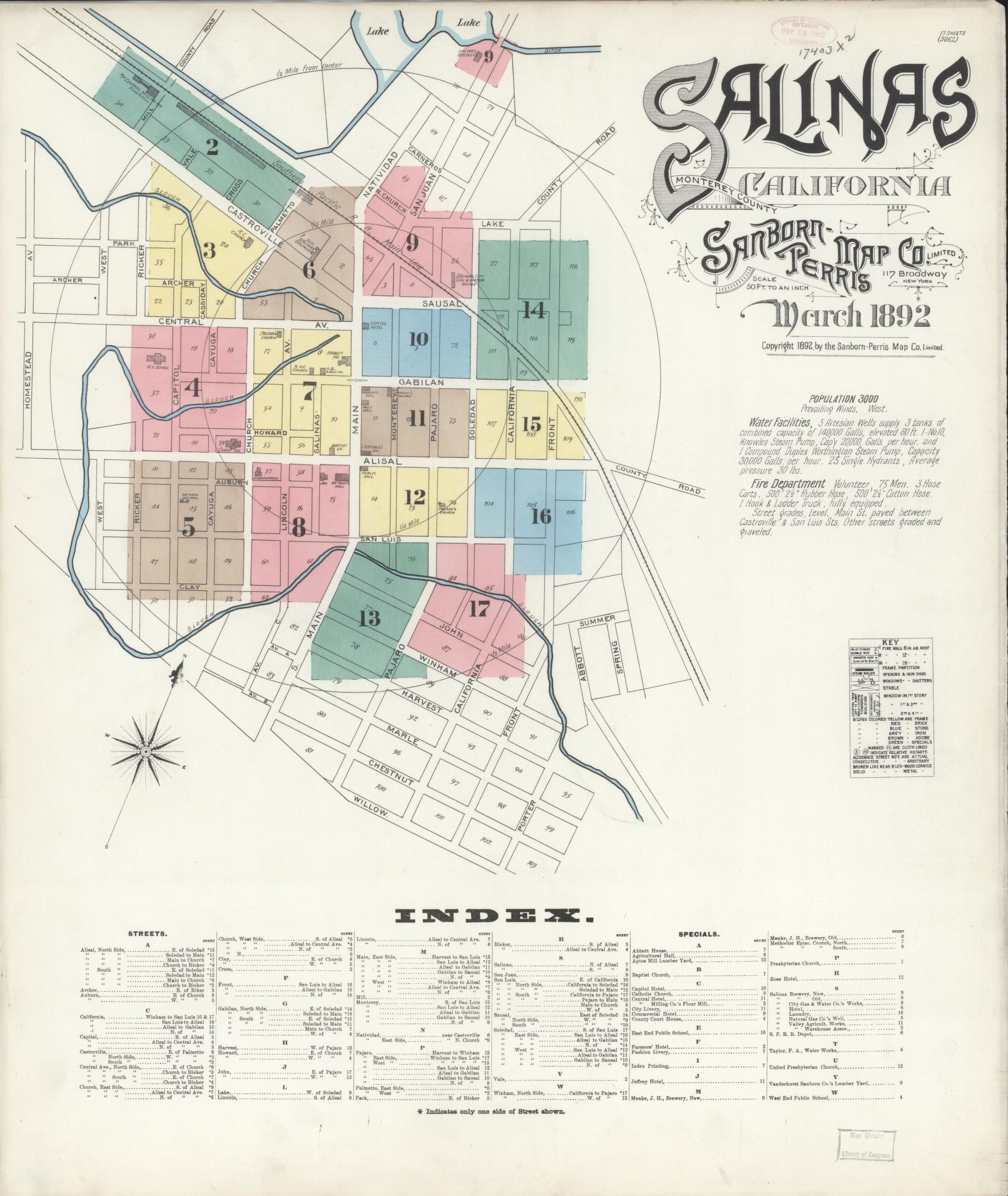 Sanborn Fire Insurance Map from Salinas, Monterey County, California (1892), Sheet #0001 - Complete Map Set gallery image, historic Sanborn map, vintage wall art, California California