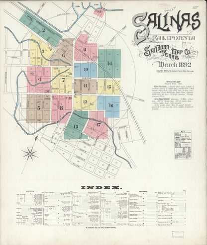 Sanborn Fire Insurance Map from Salinas, Monterey County, California (1892), Sheet #0001 - Complete Map Set gallery image, historic Sanborn map, vintage wall art, California California