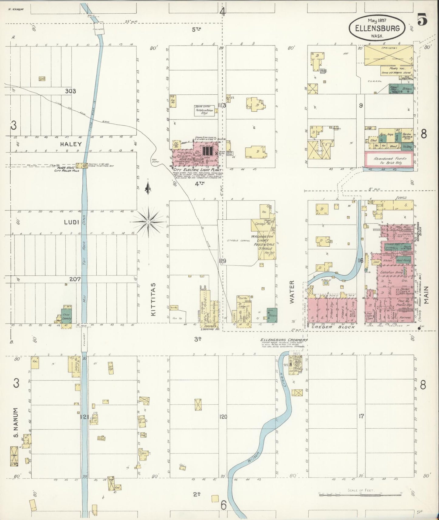 Sanborn Fire Insurance Map from Ellensburg, Kittitas County, Washington (1897), Sheet #0005 - Complete Map Set gallery image, historic Sanborn map, vintage wall art, Washington Washington
