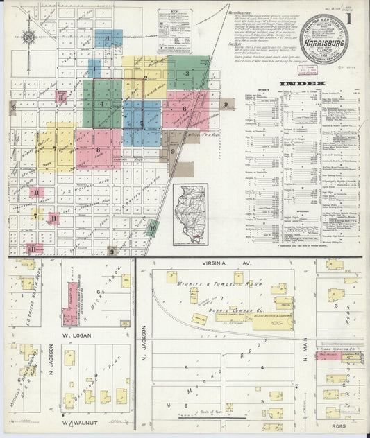 Sanborn Fire Insurance Map from Harrisburg, Saline County, Illinois (1913), Sheet #0001 - Historic Sanborn Fire Insurance Map Print, vintage old map wall art, antique decor, genealogy gift, Illinois Illinois map