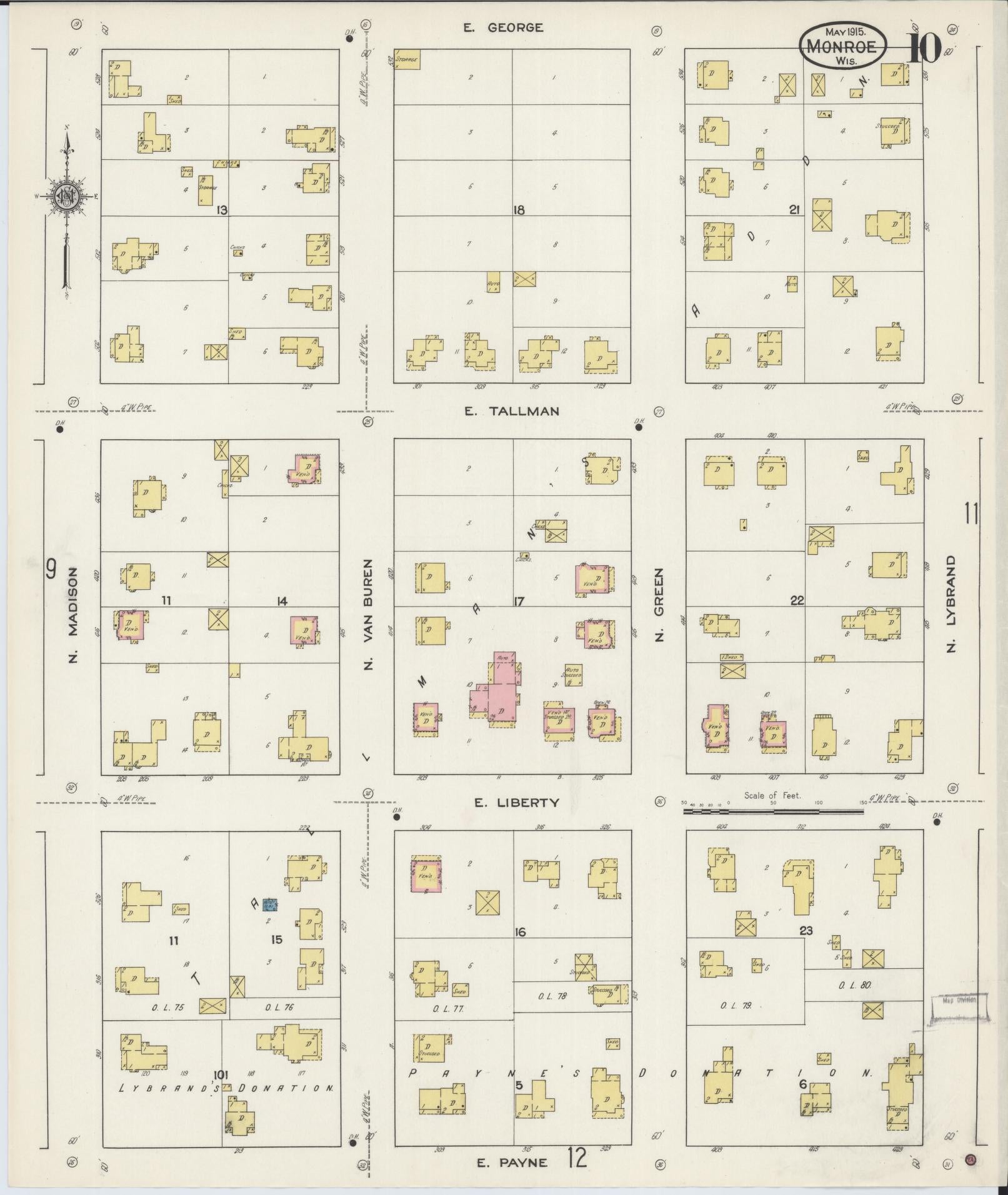 Sanborn Fire Insurance Map from Monroe, Green County, Wisconsin (1915), Sheet #0010 - Historic Sanborn Fire Insurance Map Print, vintage old map wall art, antique decor, genealogy gift, Wisconsin Wisconsin map
