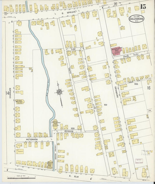 Sanborn Fire Insurance Map from Goldsboro, Wayne County, North Carolina (1913), Sheet #0015 - Historic Sanborn Fire Insurance Map Print, vintage old map wall art, antique decor, genealogy gift, North Carolina North Carolina map