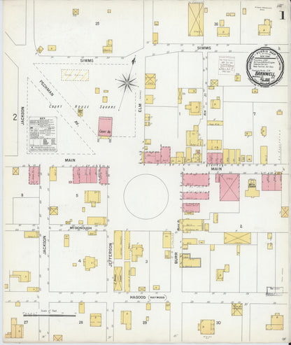 Sanborn Fire Insurance Map from Barnwell, Barnwell County, South Carolina (1900), Sheet #0001 - Complete Map Set gallery image, historic Sanborn map, vintage wall art, South Carolina South Carolina