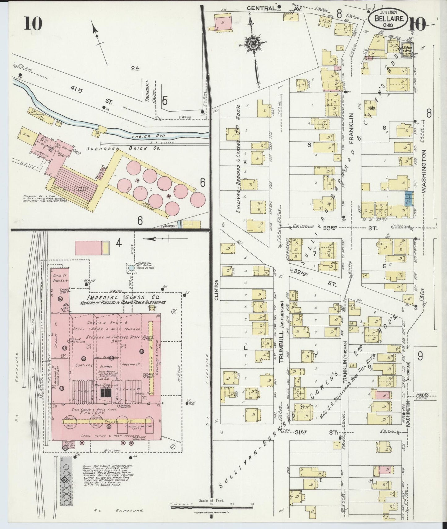 Sanborn Fire Insurance Map from Bellaire, Belmont County, Ohio (1924), Sheet #0010 - Historic Sanborn Fire Insurance Map Print, vintage old map wall art, antique decor, genealogy gift, Ohio Ohio map