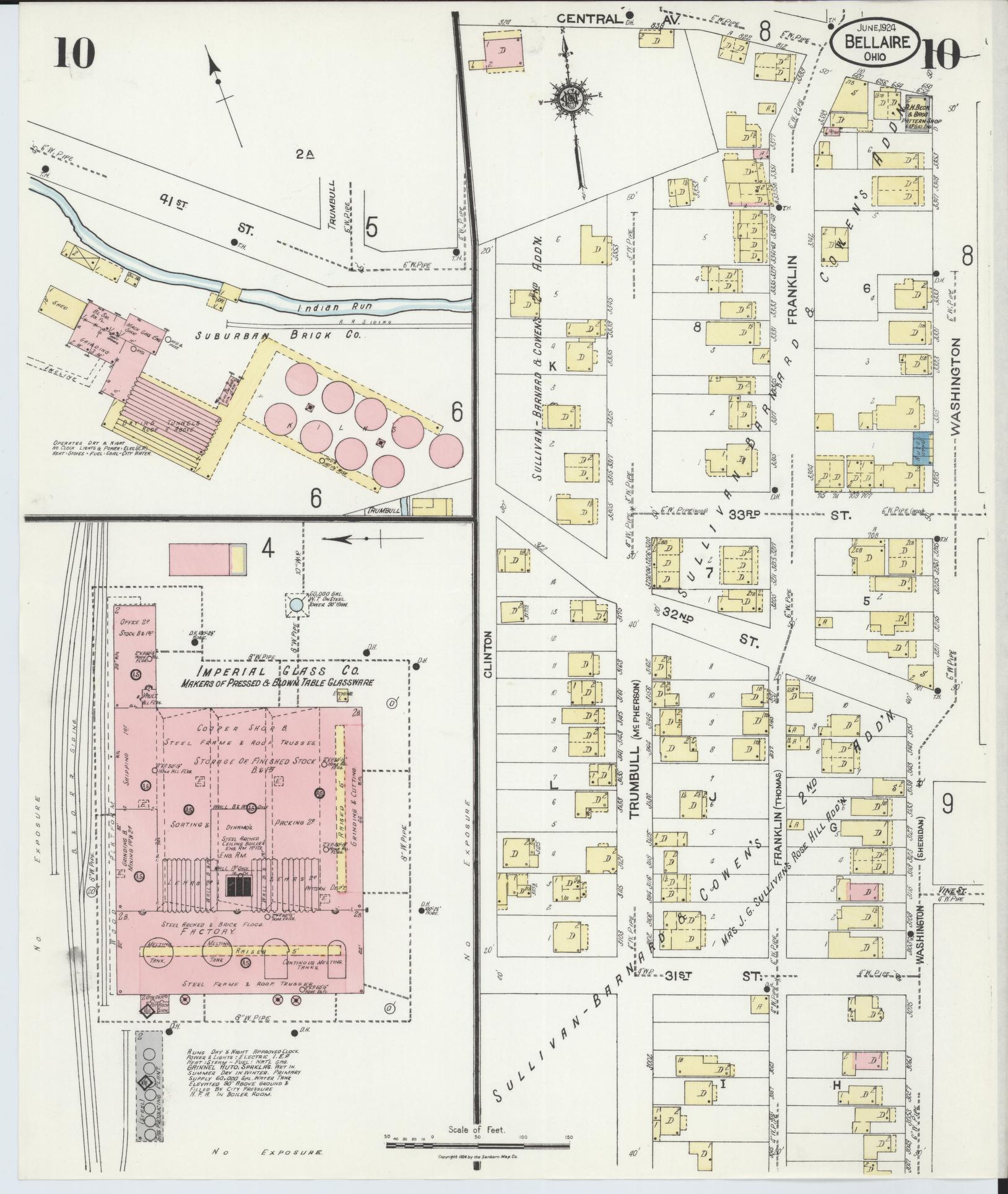 Sanborn Fire Insurance Map from Bellaire, Belmont County, Ohio (1924), Sheet #0010 - Historic Sanborn Fire Insurance Map Print, vintage old map wall art, antique decor, genealogy gift, Ohio Ohio map