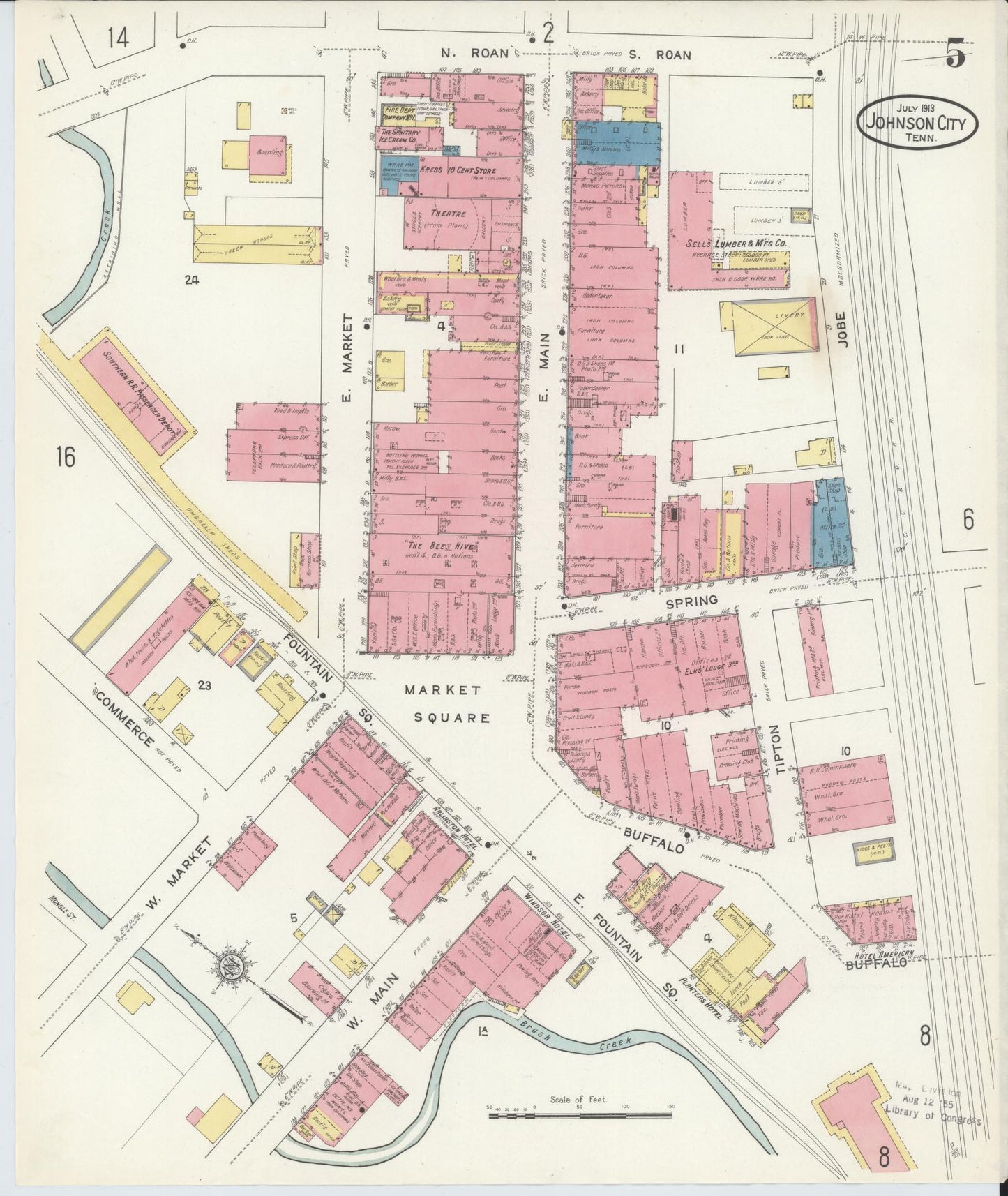 Sanborn Fire Insurance Map from Johnson City, Washington County, Tennessee (1913), Sheet #0005 - Complete Map Set gallery image, historic Sanborn map, vintage wall art, Tennessee Tennessee