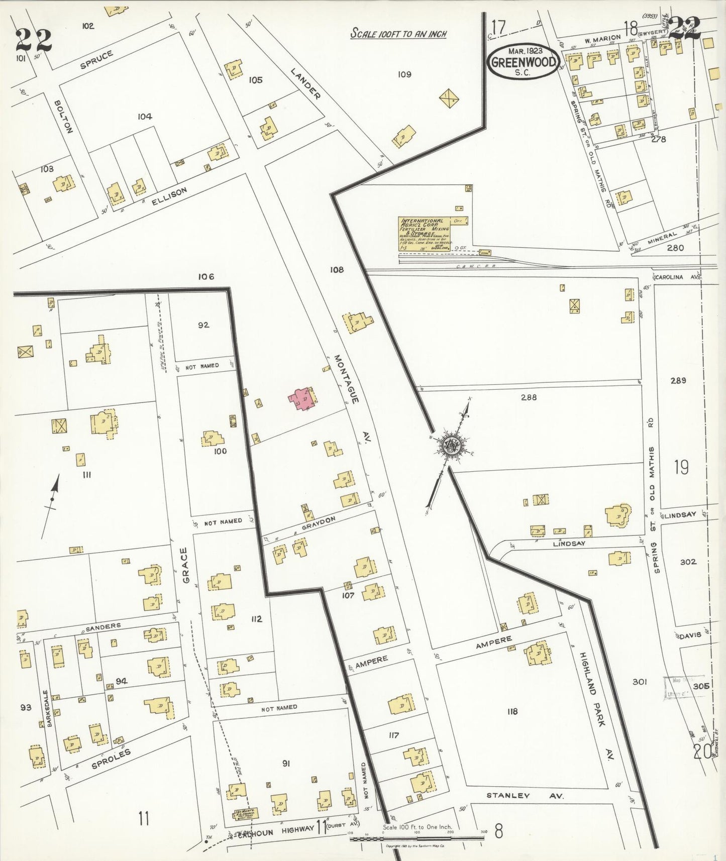 Sanborn Fire Insurance Map from Greenwood, Greenwood County, South Carolina (1923), Sheet #0022 - Complete Map Set gallery image, historic Sanborn map, vintage wall art, South Carolina South Carolina