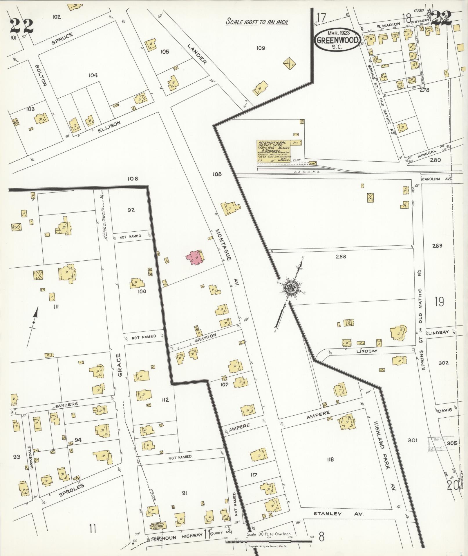Sanborn Fire Insurance Map from Greenwood, Greenwood County, South Carolina (1923), Sheet #0022 - Complete Map Set gallery image, historic Sanborn map, vintage wall art, South Carolina South Carolina