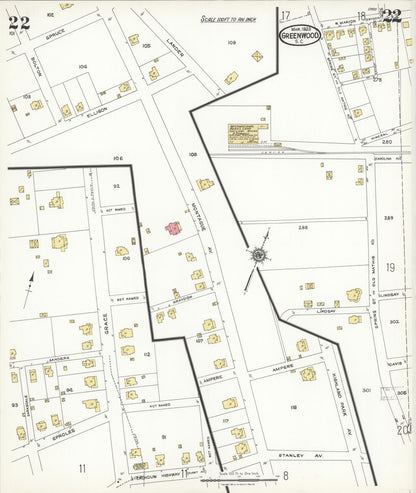 Sanborn Fire Insurance Map from Greenwood, Greenwood County, South Carolina (1923), Sheet #0022 - Complete Map Set gallery image, historic Sanborn map, vintage wall art, South Carolina South Carolina