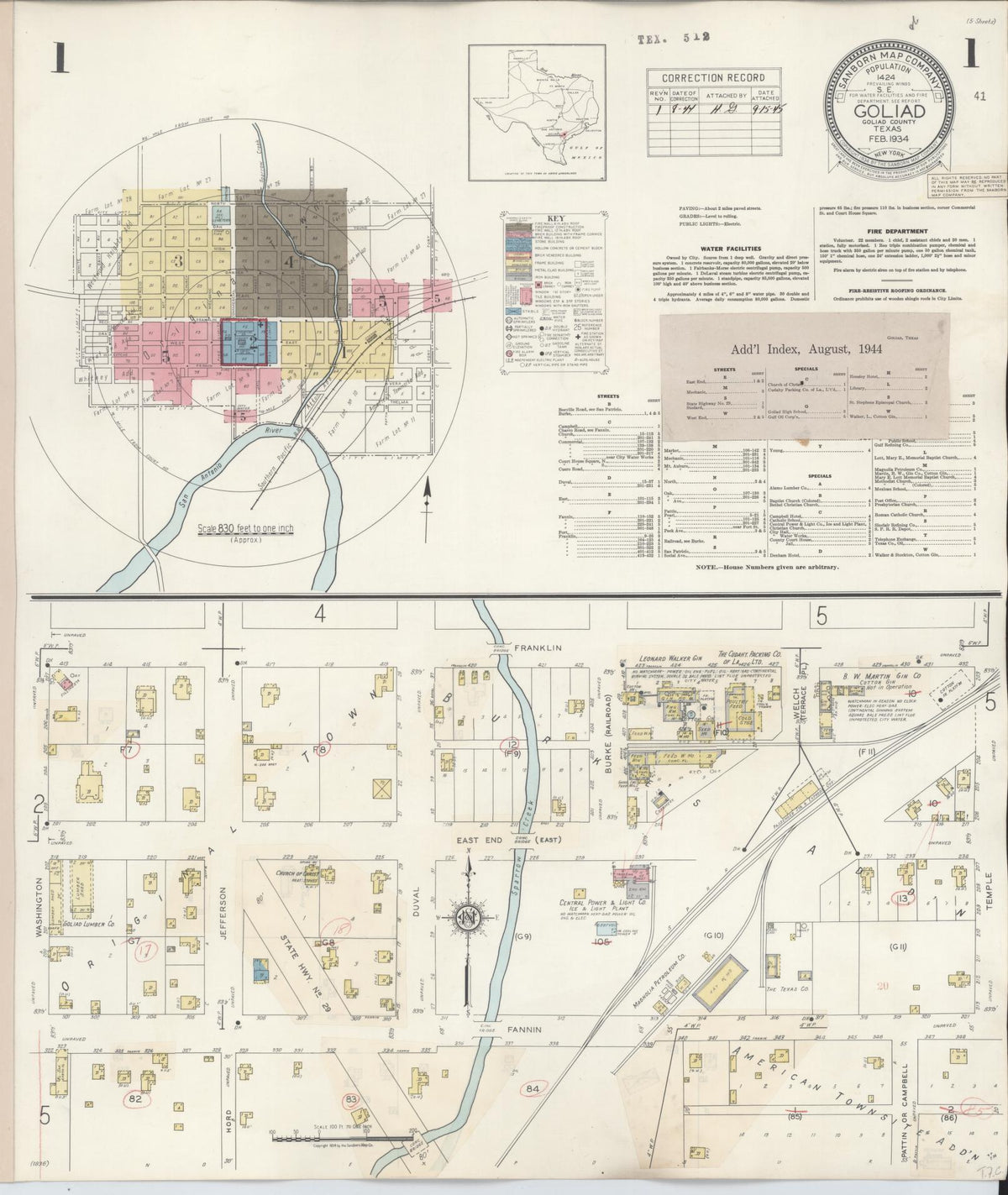 Sanborn Fire Insurance Map from Goliad, Goliad County, Texas (1944), Sheet #0001 - Historic Sanborn Fire Insurance Map Print, vintage old map wall art, antique decor, genealogy gift, Texas Texas map