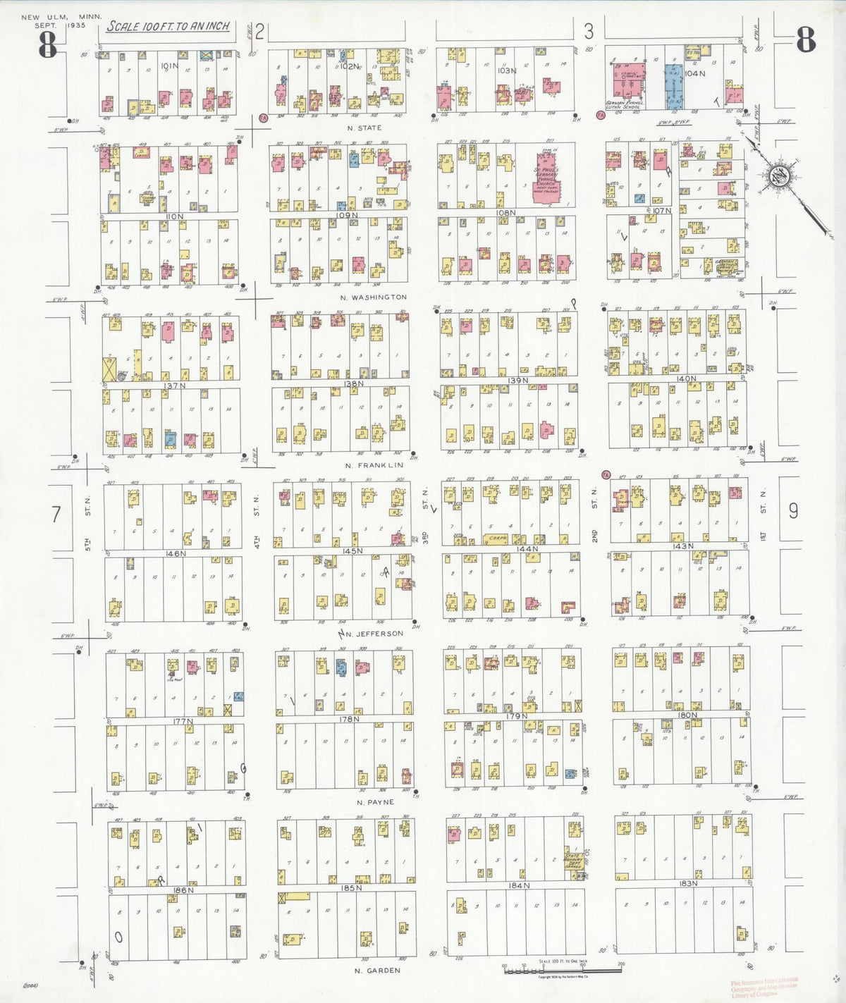 Sanborn Fire Insurance Map from New Ulm, Brown County, Minnesota (1935), Sheet #0008 - Historic Sanborn Fire Insurance Map Print, vintage old map wall art, antique decor, genealogy gift, Minnesota Minnesota map