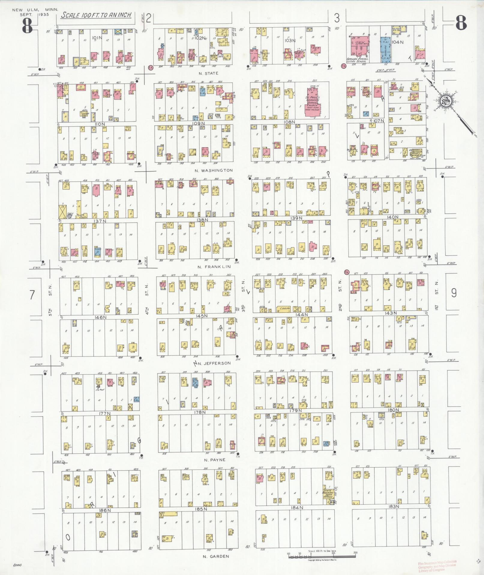 Sanborn Fire Insurance Map from New Ulm, Brown County, Minnesota (1935), Sheet #0008 - Historic Sanborn Fire Insurance Map Print, vintage old map wall art, antique decor, genealogy gift, Minnesota Minnesota map