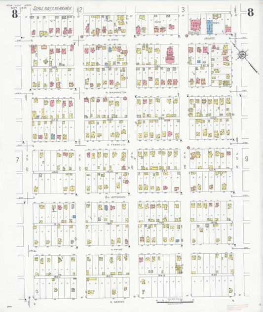 Sanborn Fire Insurance Map from New Ulm, Brown County, Minnesota (1935), Sheet #0008 - Historic Sanborn Fire Insurance Map Print, vintage old map wall art, antique decor, genealogy gift, Minnesota Minnesota map