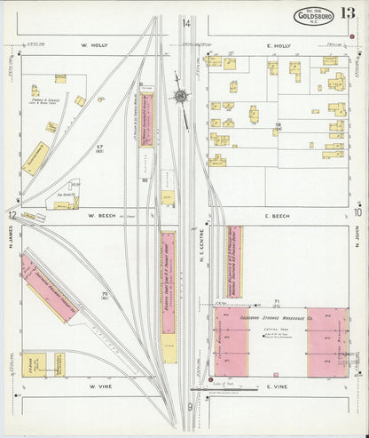 Sanborn Fire Insurance Map from Goldsboro, Wayne County, North Carolina (1918), Sheet #0013 - Complete Map Set gallery image, historic Sanborn map, vintage wall art, North Carolina North Carolina
