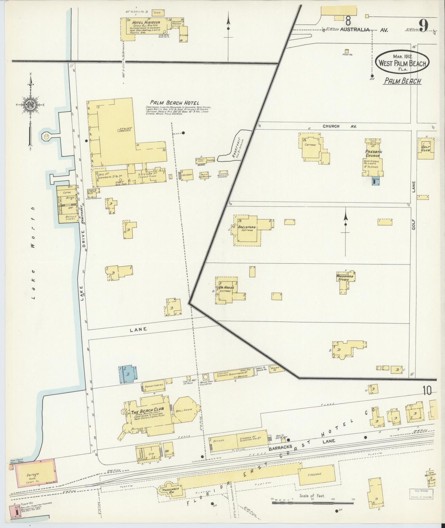 Sanborn Fire Insurance Map from West Palm Beach, Dade County, Florida (1912), Sheet #0009 - Historic Sanborn Fire Insurance Map Print, vintage old map wall art, antique decor, genealogy gift, Florida Florida map